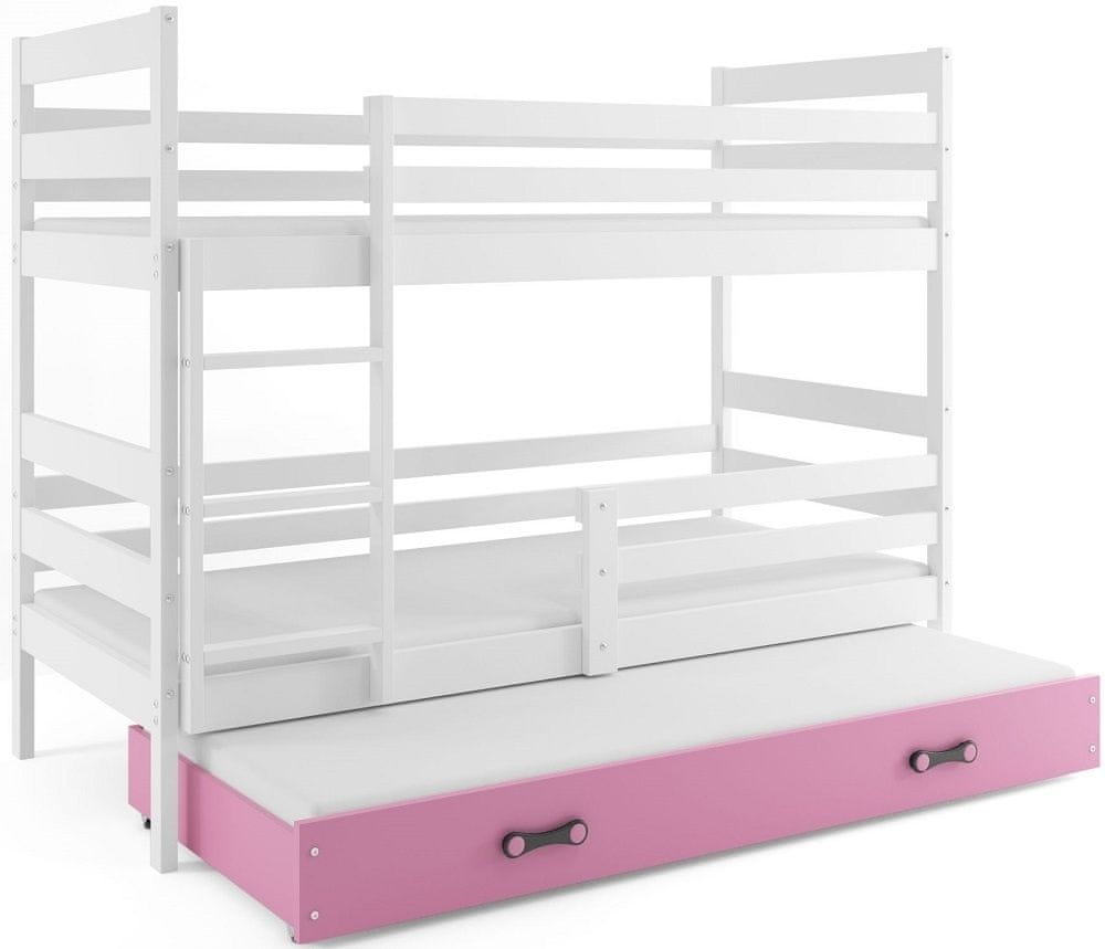 eoshop Poschodová posteľ s prístelkou ERYK 3 80x160 cm, biela / ružová (Voľba matraca: Penový matrac)